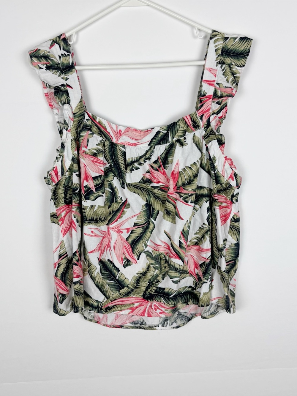 LOFT Linen-Blend Tropical Floral Ruffle Sleeveless Tank Top Size Large